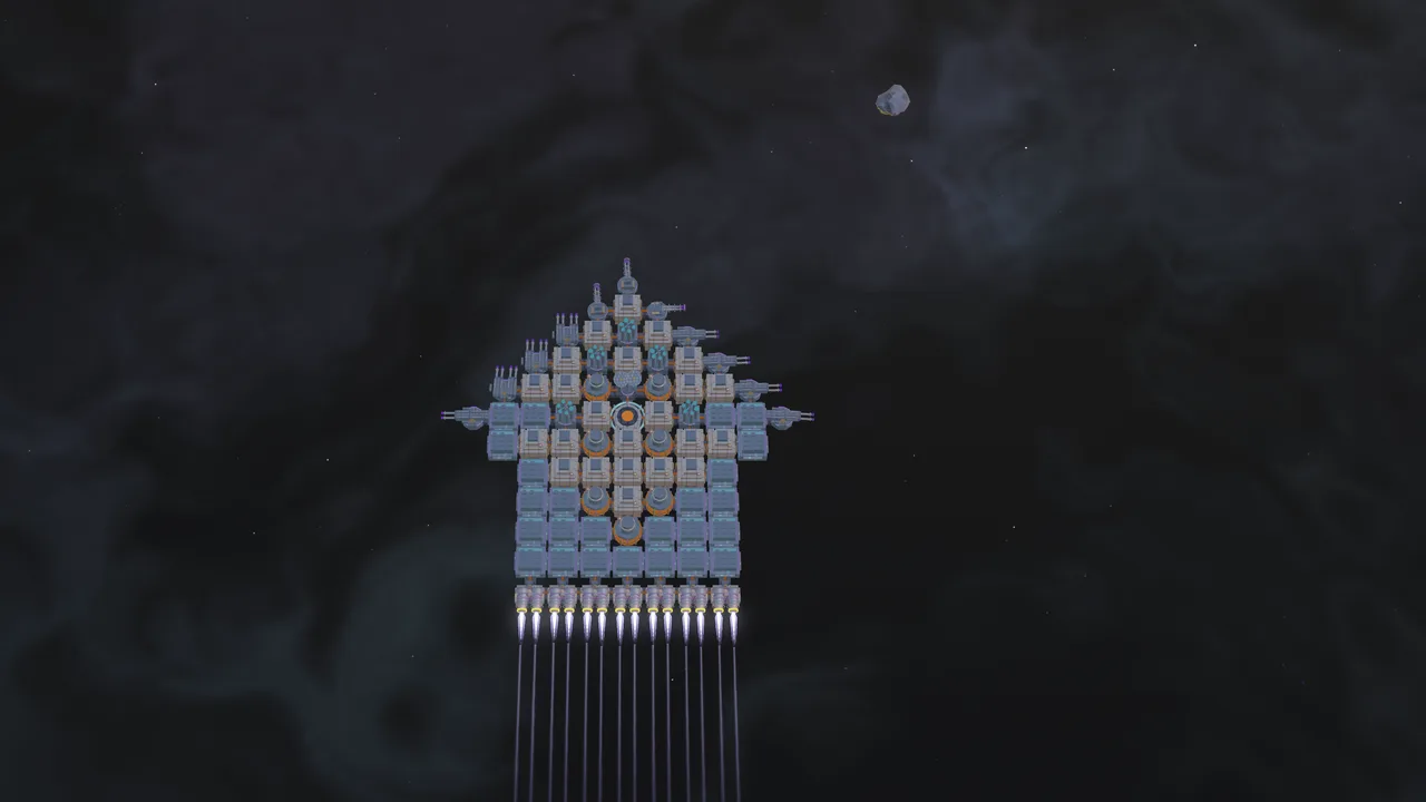 VOIDYARD gameplay: a player-built ship of blue and tan hull modules with turrets, thrusters firing, near an asteroid in dark space.